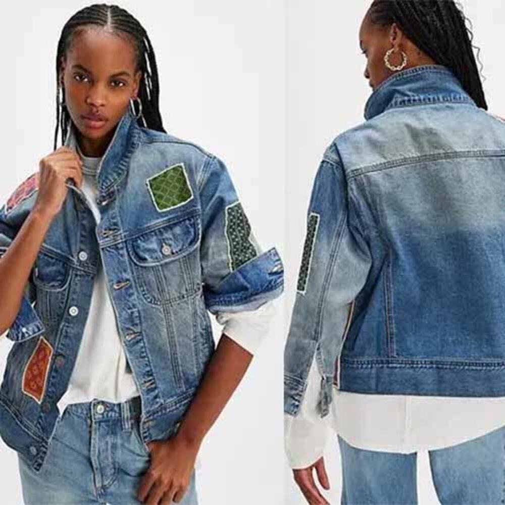 NWT Found Kantha Patchwork Denim Collared Neckline Trucker Button Jacket Blue